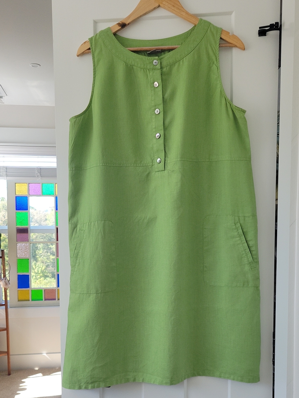 J. Jill 100% Linen Lime Green Sleeveless Shift Dress With Pockets